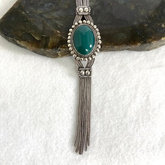 Sterling Silver 925 Green Chrysoprase Multi Strand Foxtail Chain Tassel Necklace - Picture 3 of 16